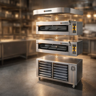 HORNO DE PISO MODULAR 2 CÁMARAS 6 BANDEJAS 40X60 CM + CAMPANA + RACK 75 CM
