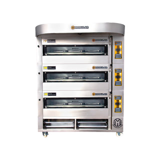 HORNO DE PISO MODULAR 3 CÁMARAS 9 BANDEJAS 40X60 + CAMPANA + RACK 45 CM