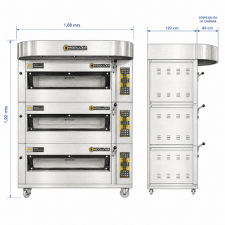 HORNO DE PISO MODULAR 3 CÁMARAS 9 BANDEJAS 40X60 + CAMPANA